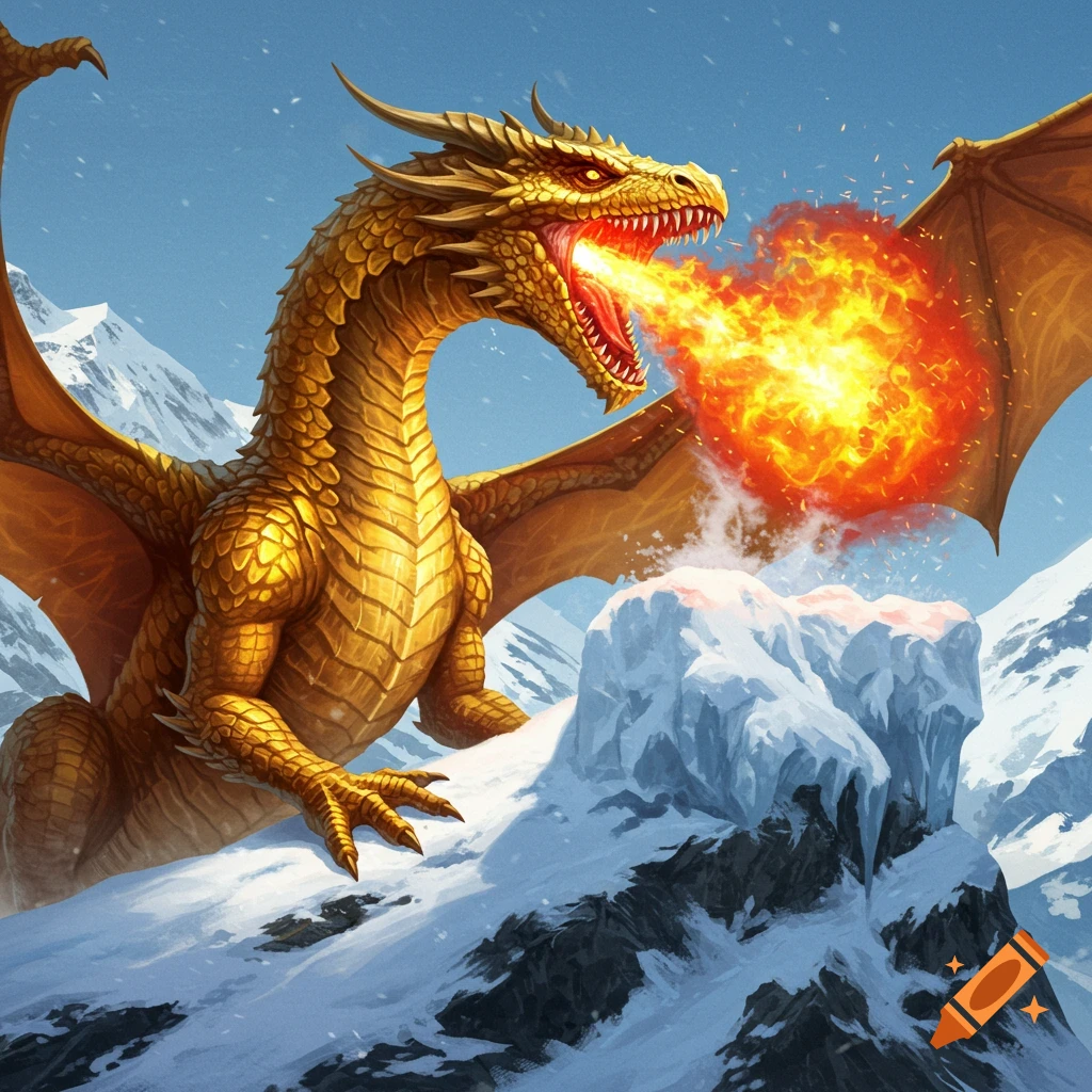 A majestic golden dragon breathes a stream of fire onto a snowy mountain peak under a clear blue sky.