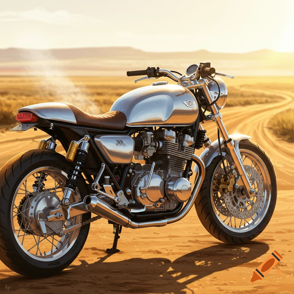 A silver cafe racer motorcycle with a brown seat is parked on a dirt road in a sunny desert landscape at sunset.