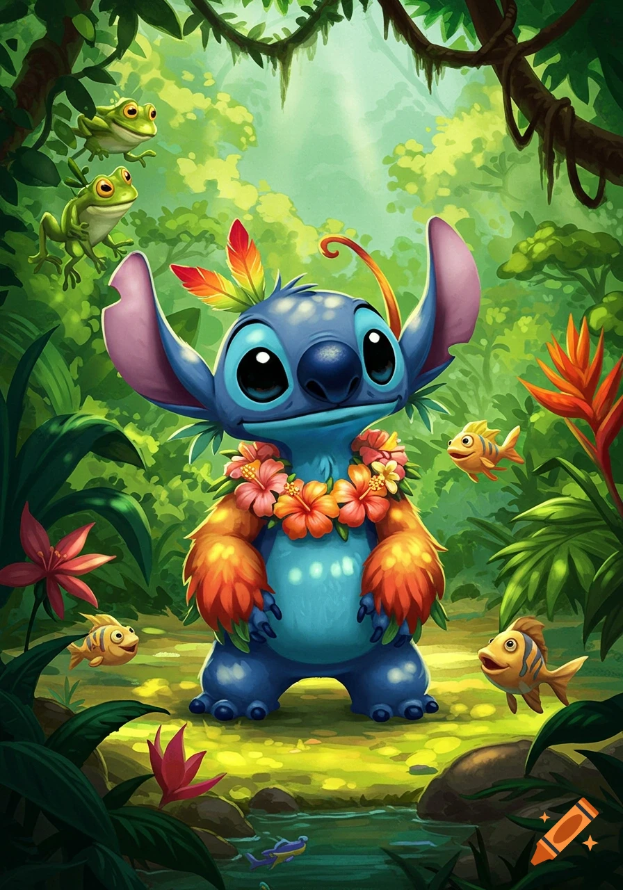 A blue alien character, Stitch, adorned with a flower lei and feathers, smiles in a vibrant green jungle with frogs and fish.