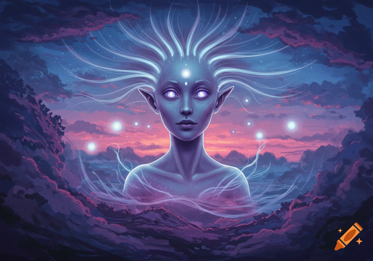 An ethereal blue-skinned fantasy creature with glowing purple eyes and light-hair, against a cosmic pink and purple sunset sky.