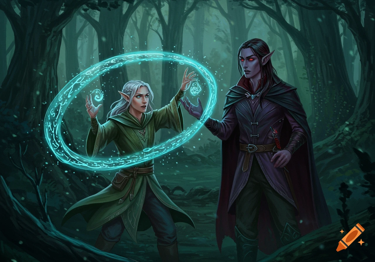 A white-haired elf casts a glowing blue spell in a dark forest, watched by a dark-haired elf.