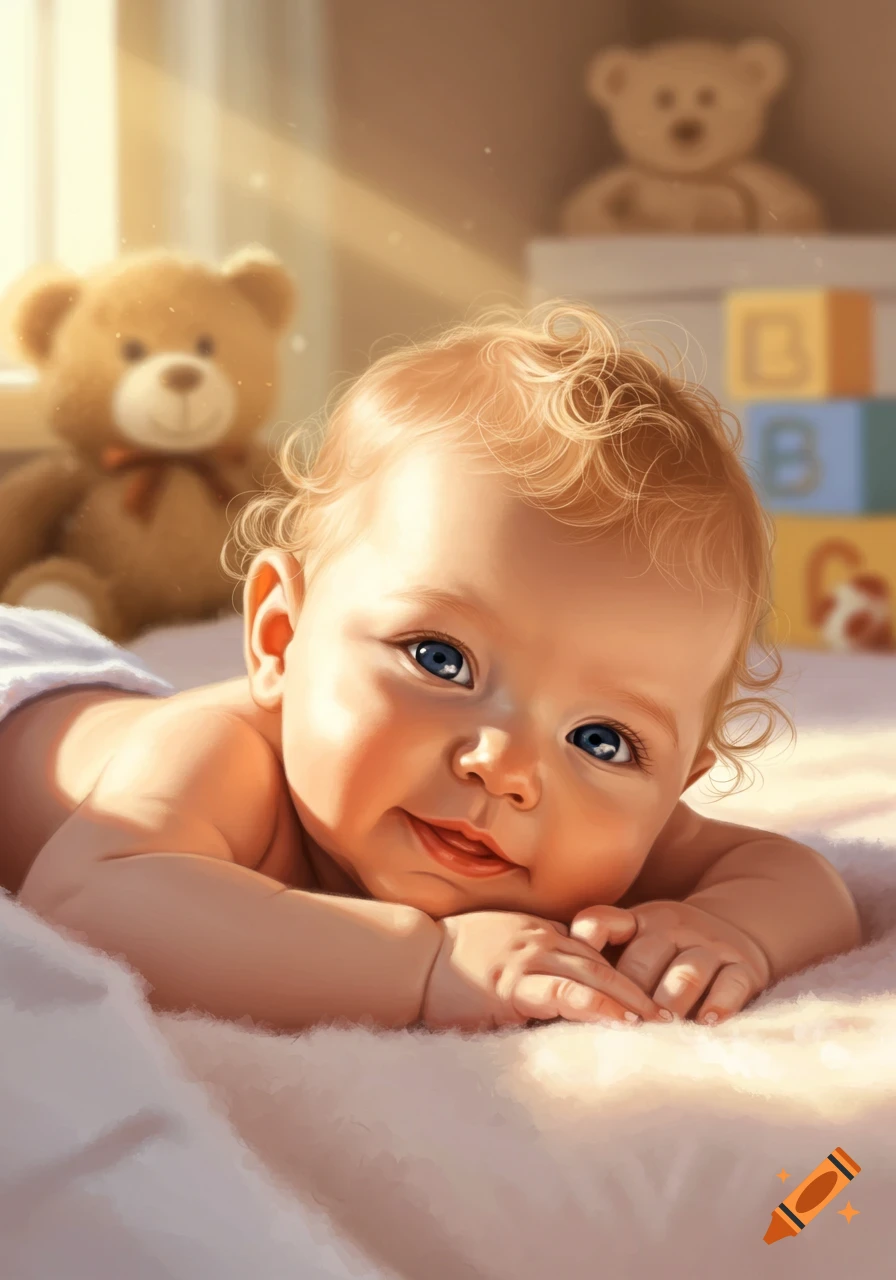 A cute, smiling baby with blue eyes and blonde curls lies on its stomach in a sunny room, surrounded by toys, digital art.