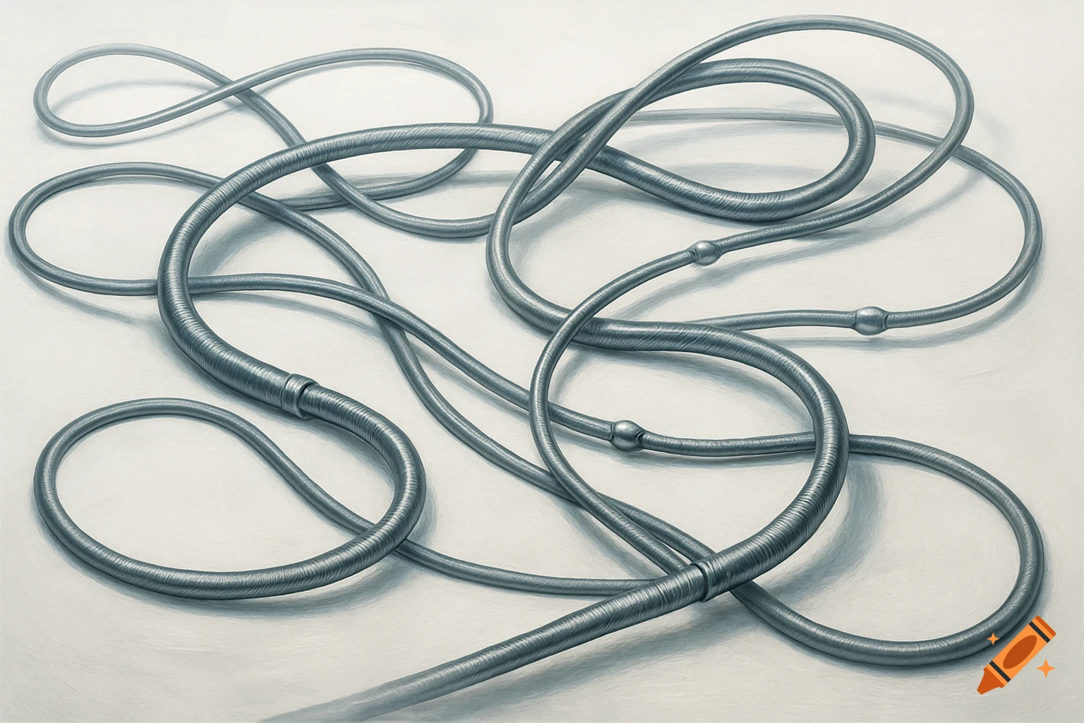 An abstract illustration of a tangle of metallic cables, some smooth and some ridged, with small spherical nodes, on a white background.