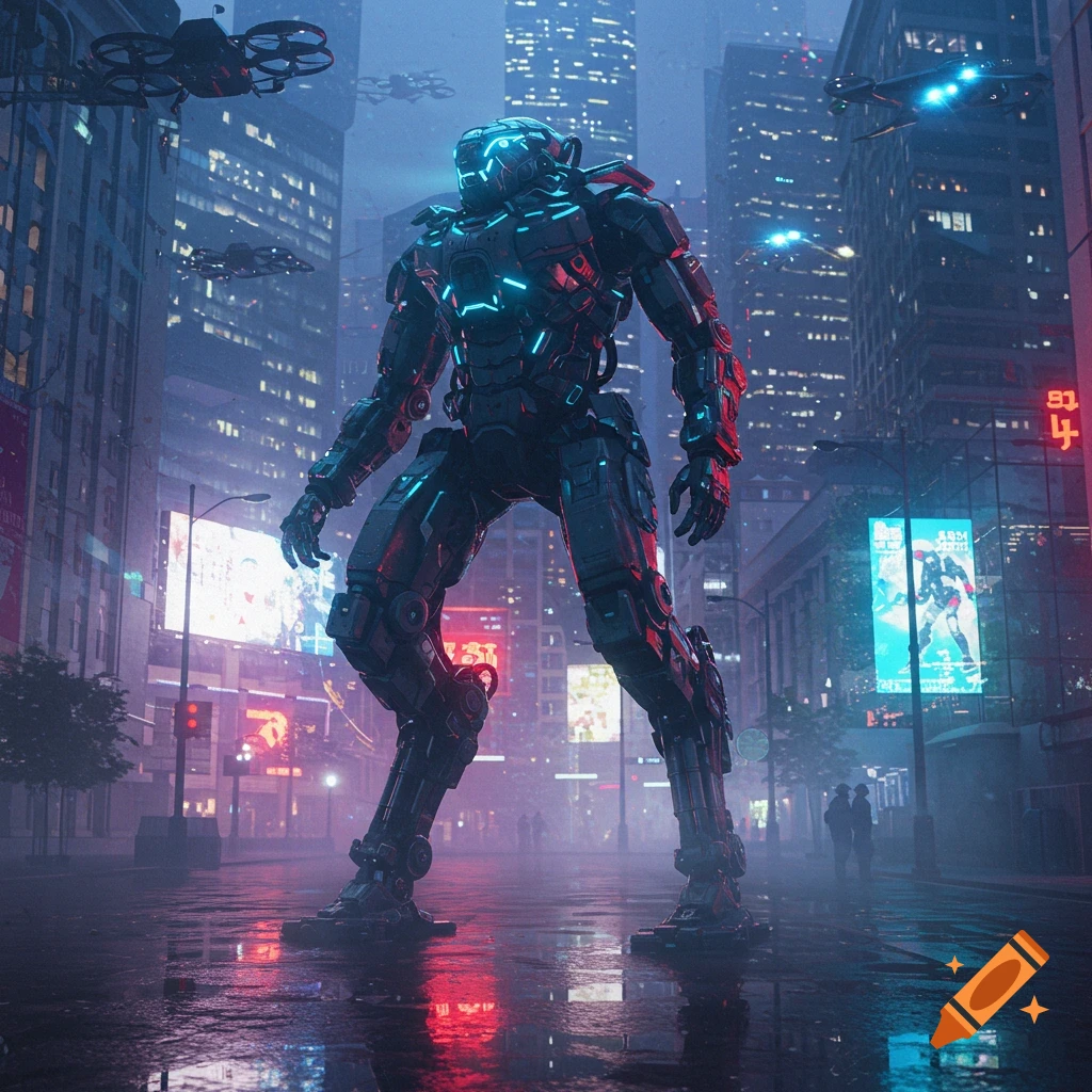 A large, imposing futuristic robot with glowing blue and red accents stands on a wet street in a neon-lit cyberpunk city with flying drones.