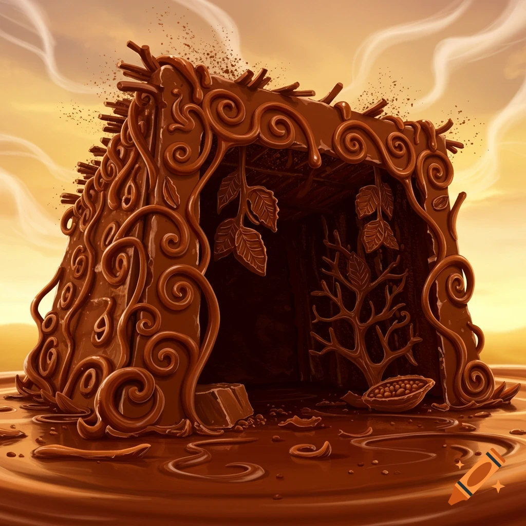 A whimsical hut crafted from dark chocolate, adorned with chocolate swirls, branches, leaves, and cocoa pods, melting into a chocolate puddle under a warm sky.