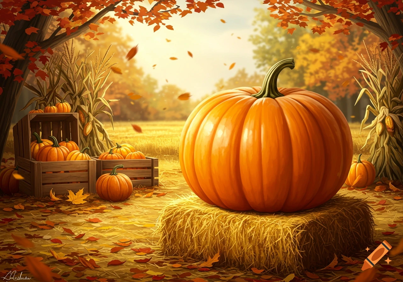 A vibrant autumn harvest scene featuring a large pumpkin on a hay bale, with wooden crates full of smaller pumpkins and fallen leaves under trees with colorful foliage.