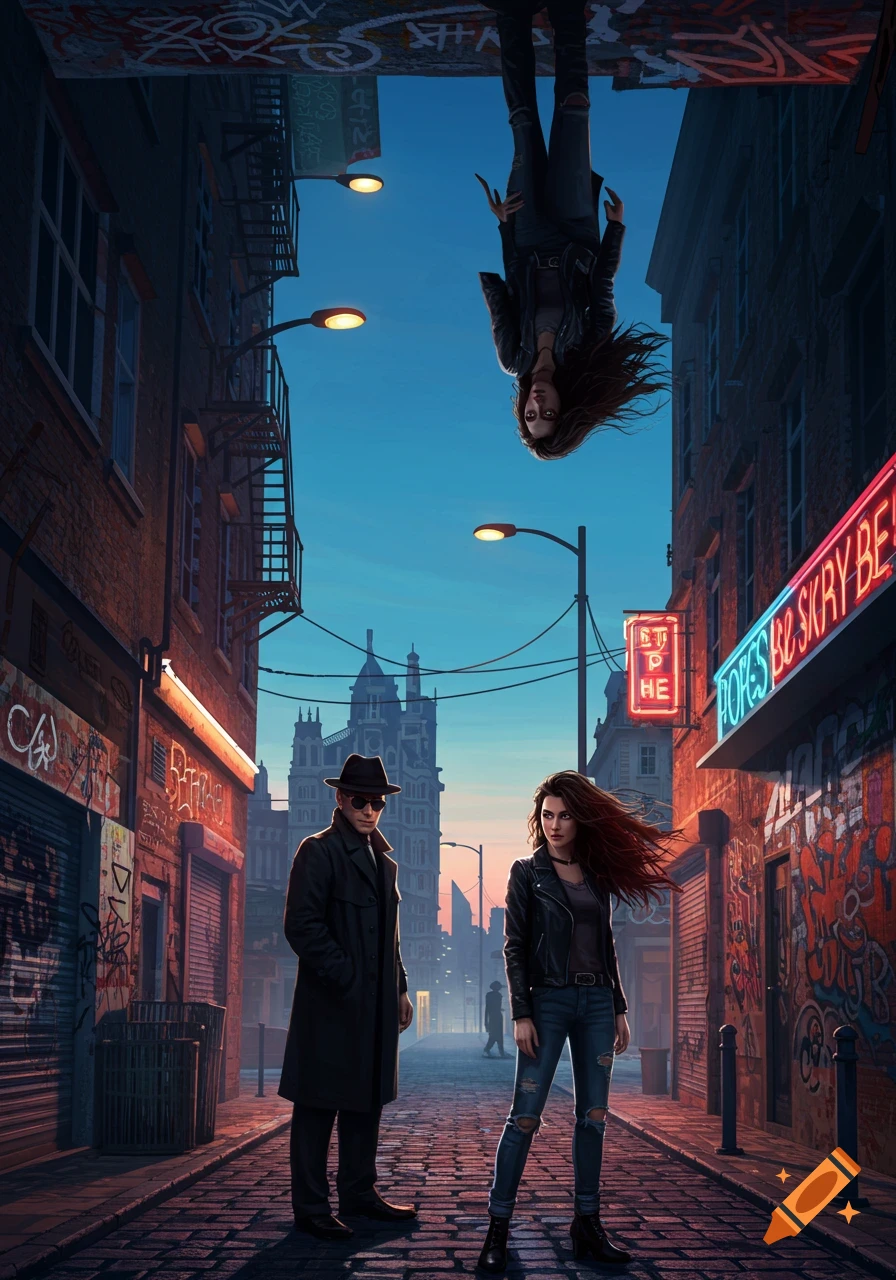 A stylized illustration depicts a man and a woman in a dark urban alley at dusk, while another woman hangs upside down from an overhang.