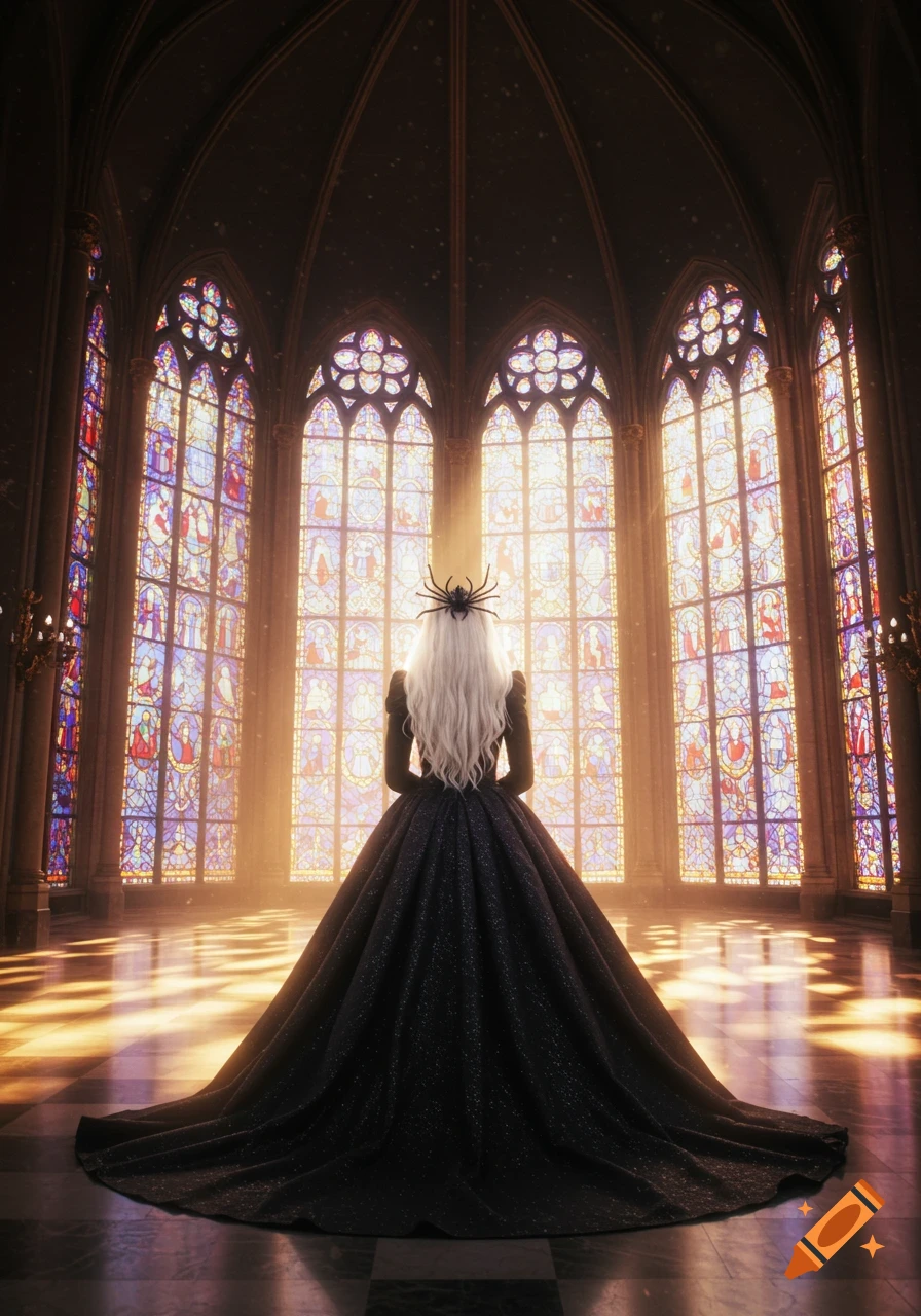 A woman in a black ball gown and spider diadem stands with her back to the viewer in a grand hall with towering stained-glass windows.