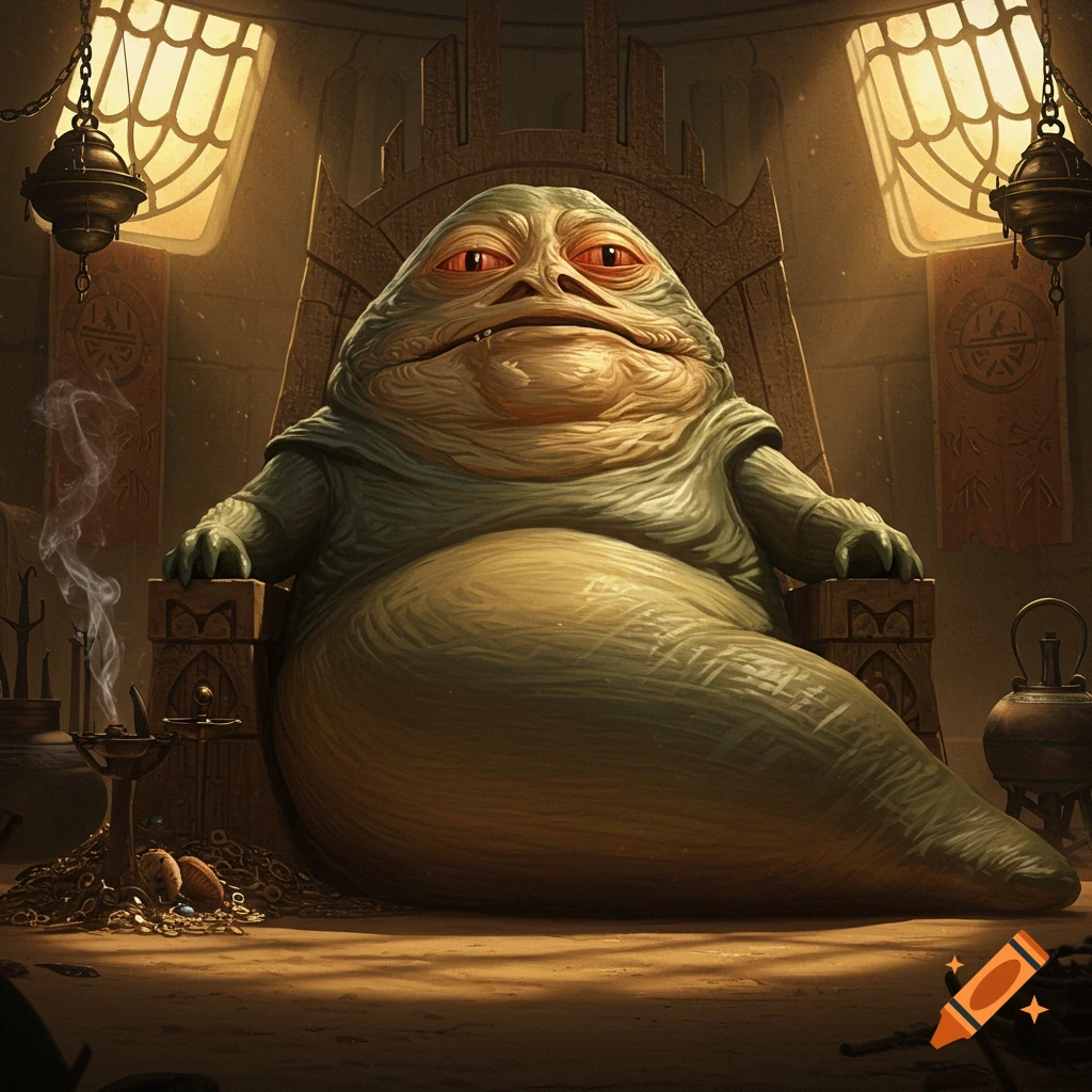 Jabba the Hutt sits on an ornate throne in a dimly lit, richly detailed room, surrounded by gold and artifacts.
