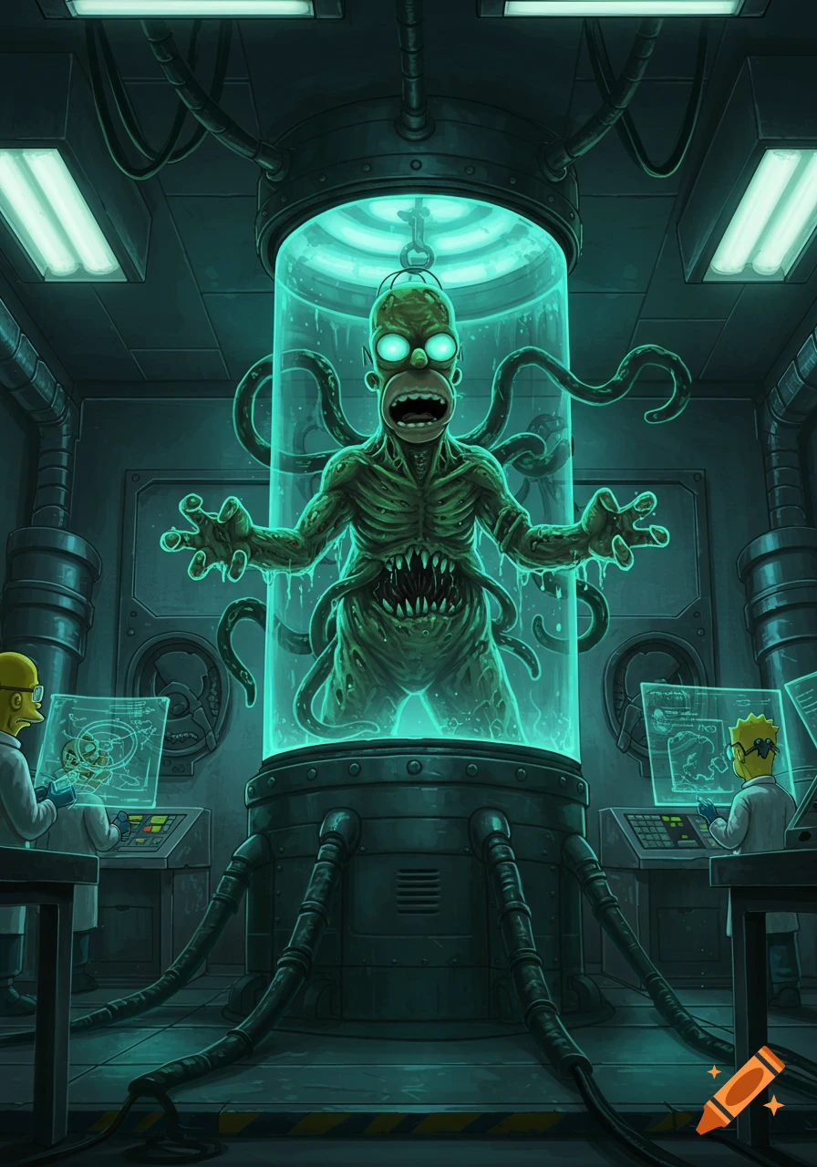 A grotesque green alien Homer Simpson with tentacles and sharp teeth in a glowing containment tube in a dark sci-fi lab.