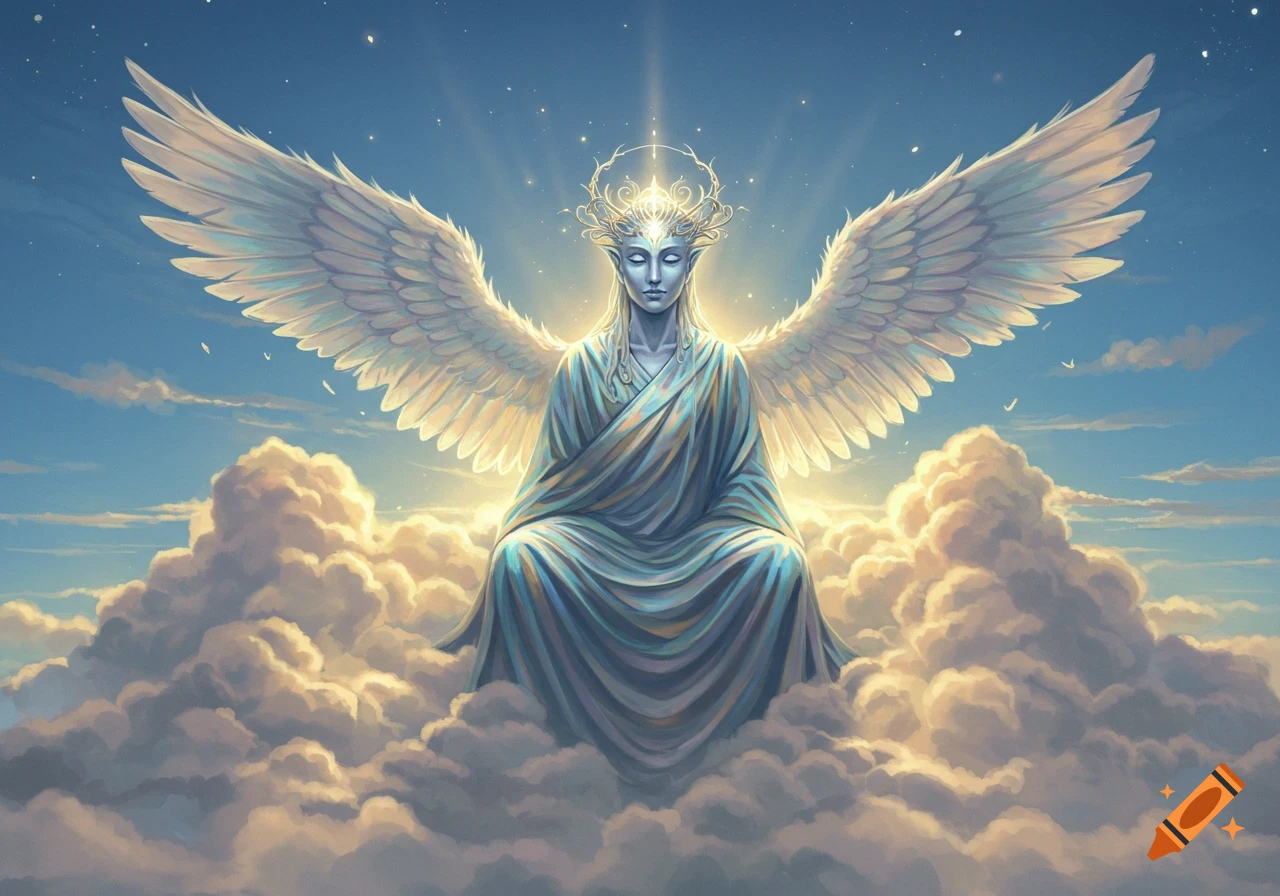 A mystical winged figure with a glowing halo sits in a meditative pose on clouds in a bright sky, digital fantasy art.