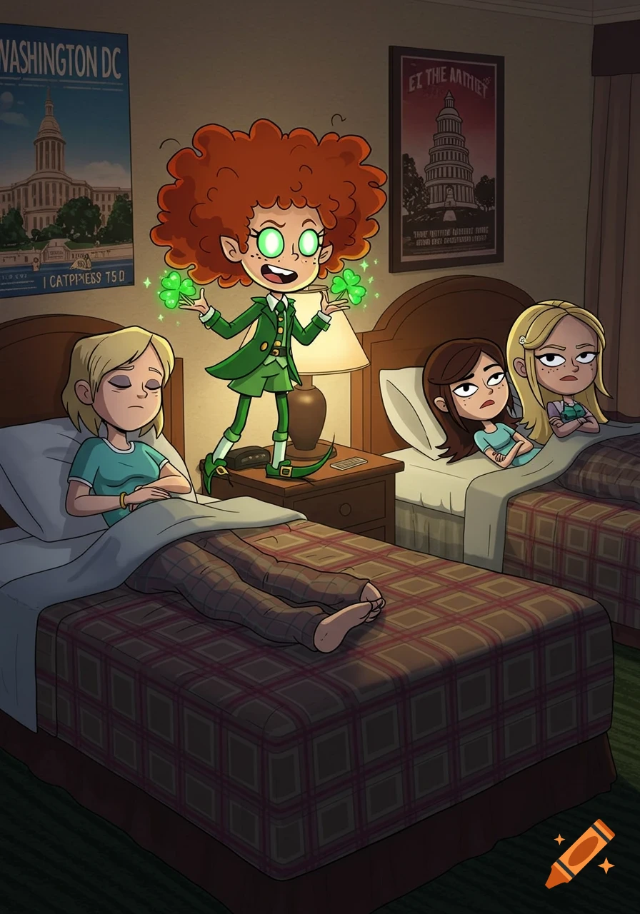 A cartoon leprechaun with red curly hair and glowing green eyes stands between two beds in a hotel room, holding glowing clovers, while three girls react.