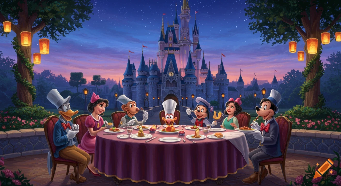 Disney characters like Donald, Goofy, Mickey, and Minnie dining at an outdoor table with a castle and lanterns in the background at dusk.