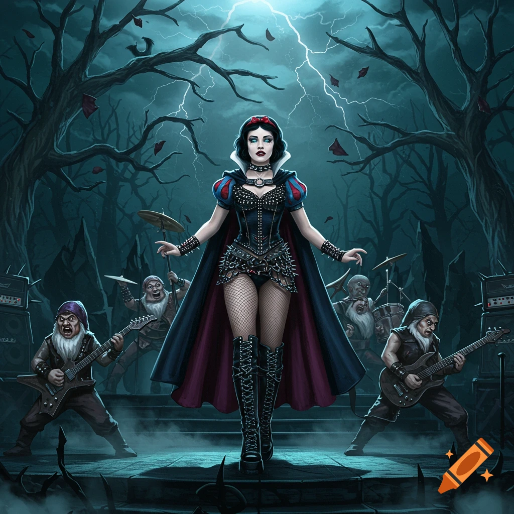 Gothic Snow White in a studded outfit fronts a heavy metal band of dwarves, standing under lightning in a dark forest.