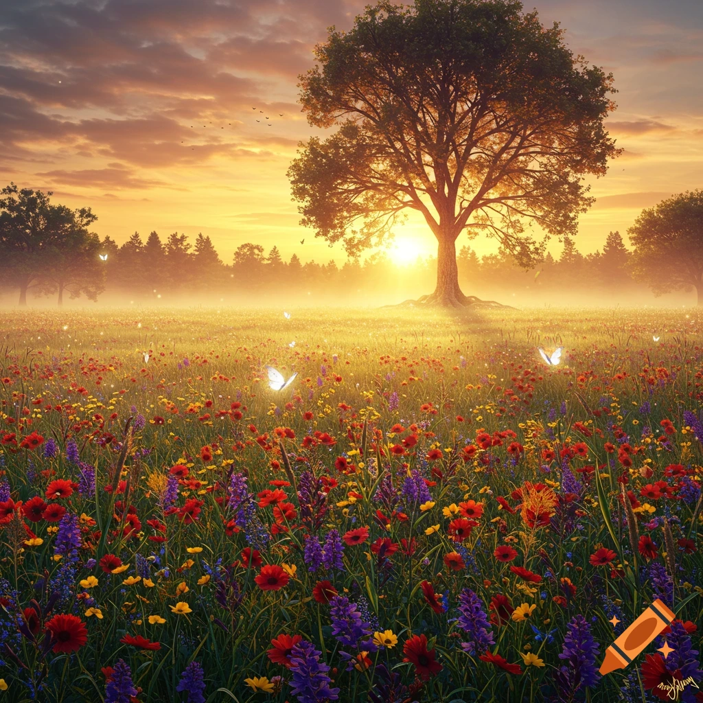 Digital painting of a vibrant flower meadow at sunset. A large tree stands against a golden, misty sky with glowing butterflies.
