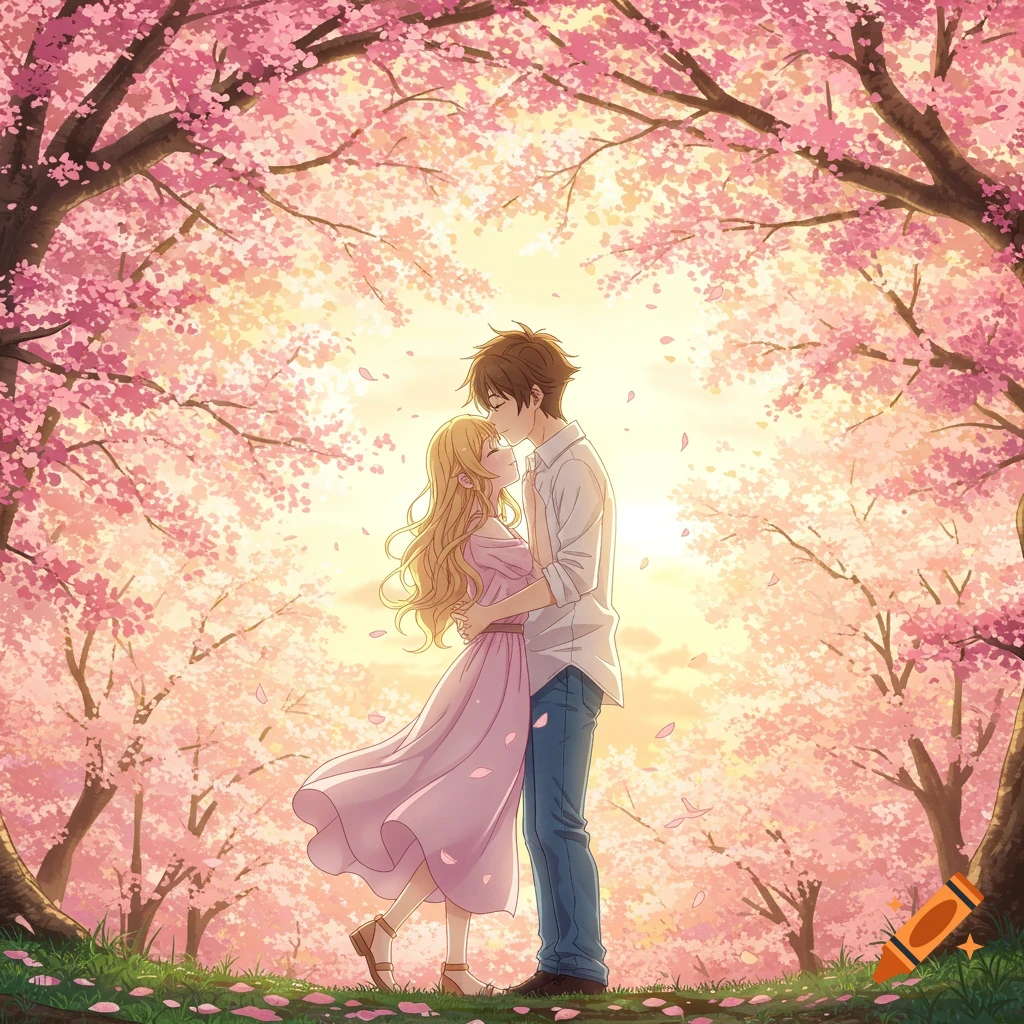 An anime couple embraces under a canopy of pink cherry blossom trees at sunset.