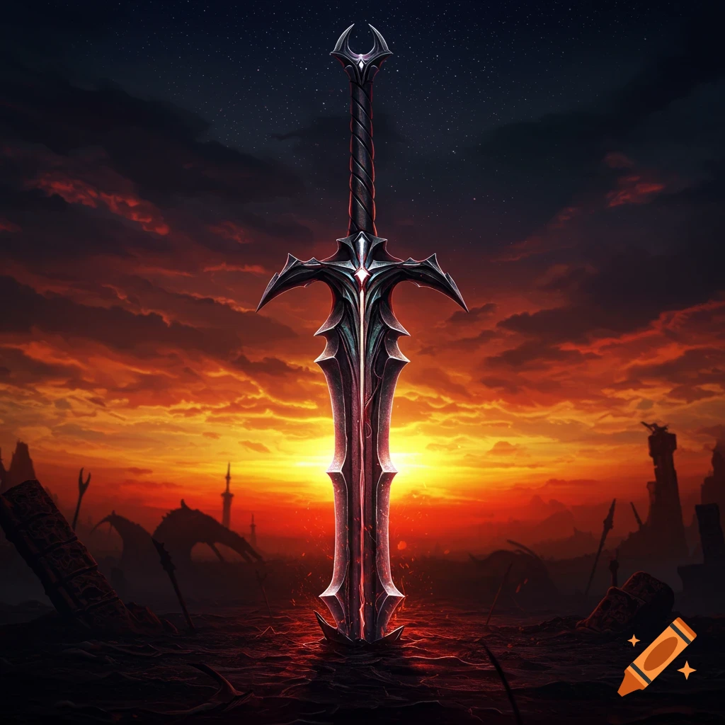 A stylized, dark fantasy spiky sword with a glowing blade stands upright in a desolate landscape under a dramatic red and orange sunset.