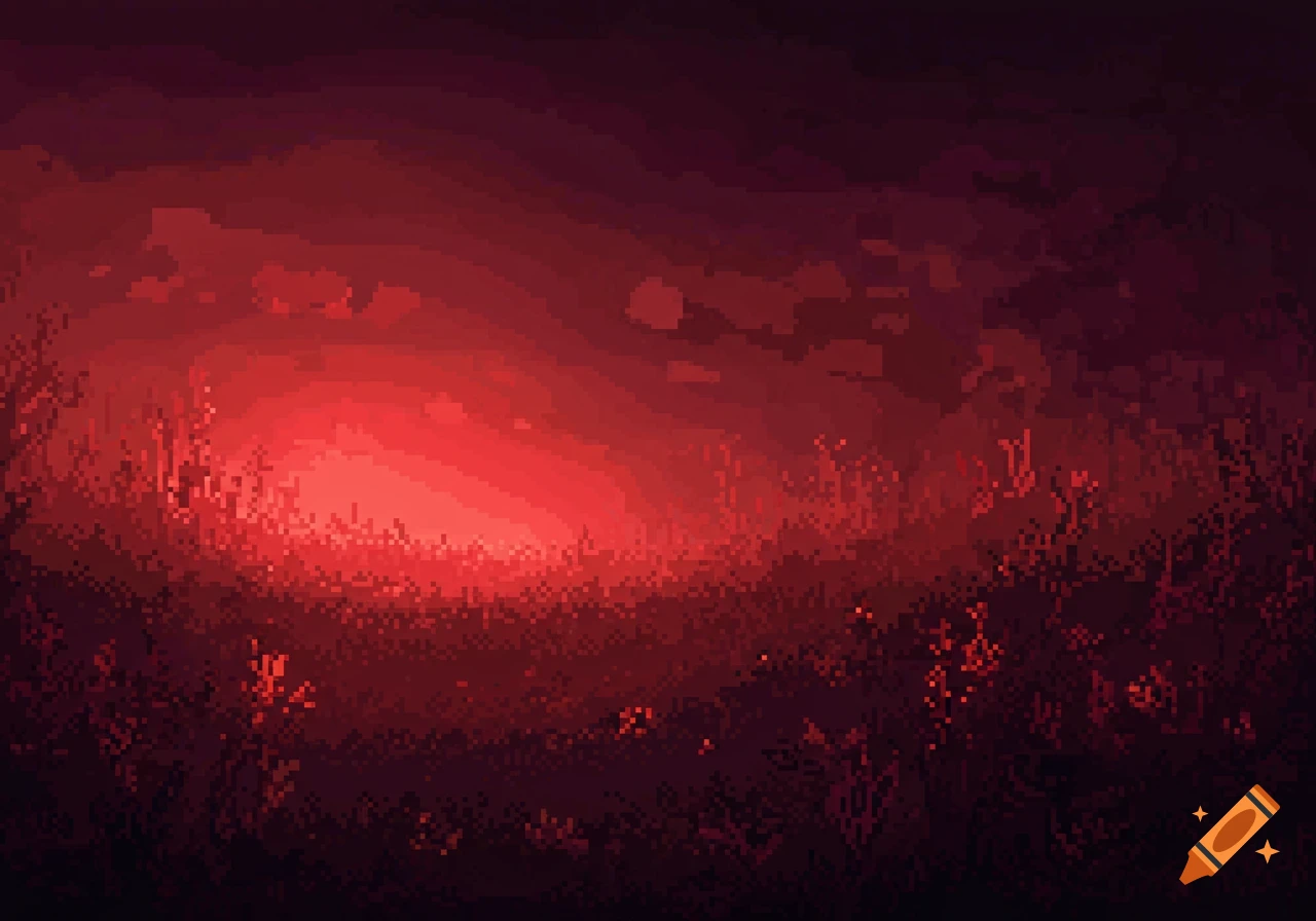 Dark red pixel art landscape with a bright glowing center, silhouetted plants, and a gradient sky.