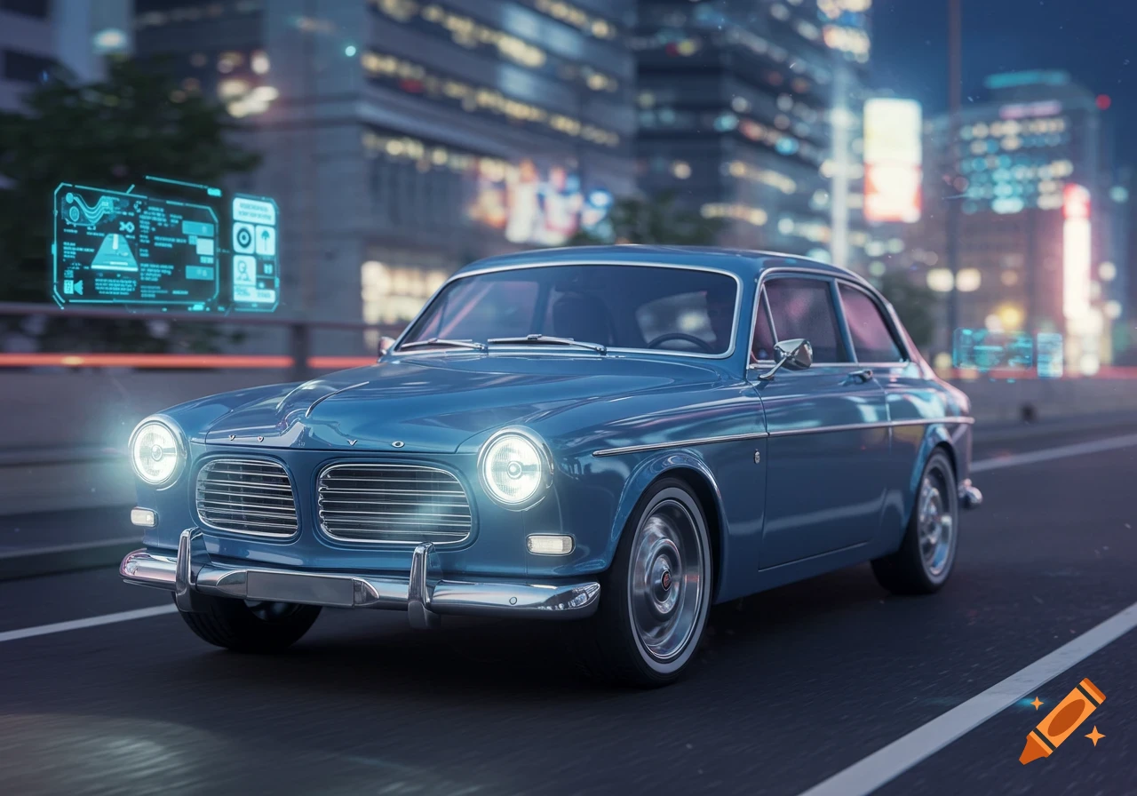 A blue classic Volvo Amazon car drives on a city street at night, with glowing holographic displays floating beside it.