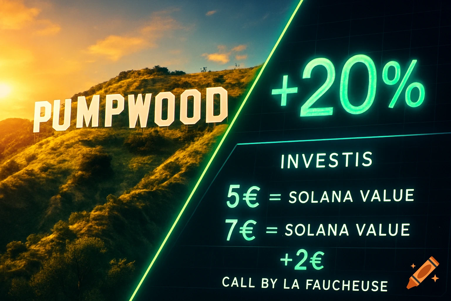 A large PUMPWOOD sign on a grassy hill at sunset, with a neon green digital overlay showing crypto investment details like "+20%" and "5\u20ac = SOLANA VALUE".