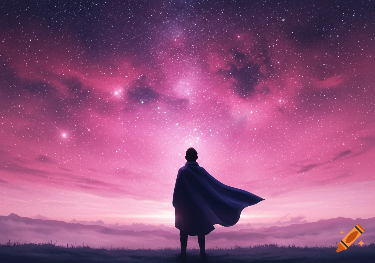 A silhouetted figure in a flowing cape stands on a hill, gazing up at a vibrant pink and purple celestial sky filled with stars and nebulae.