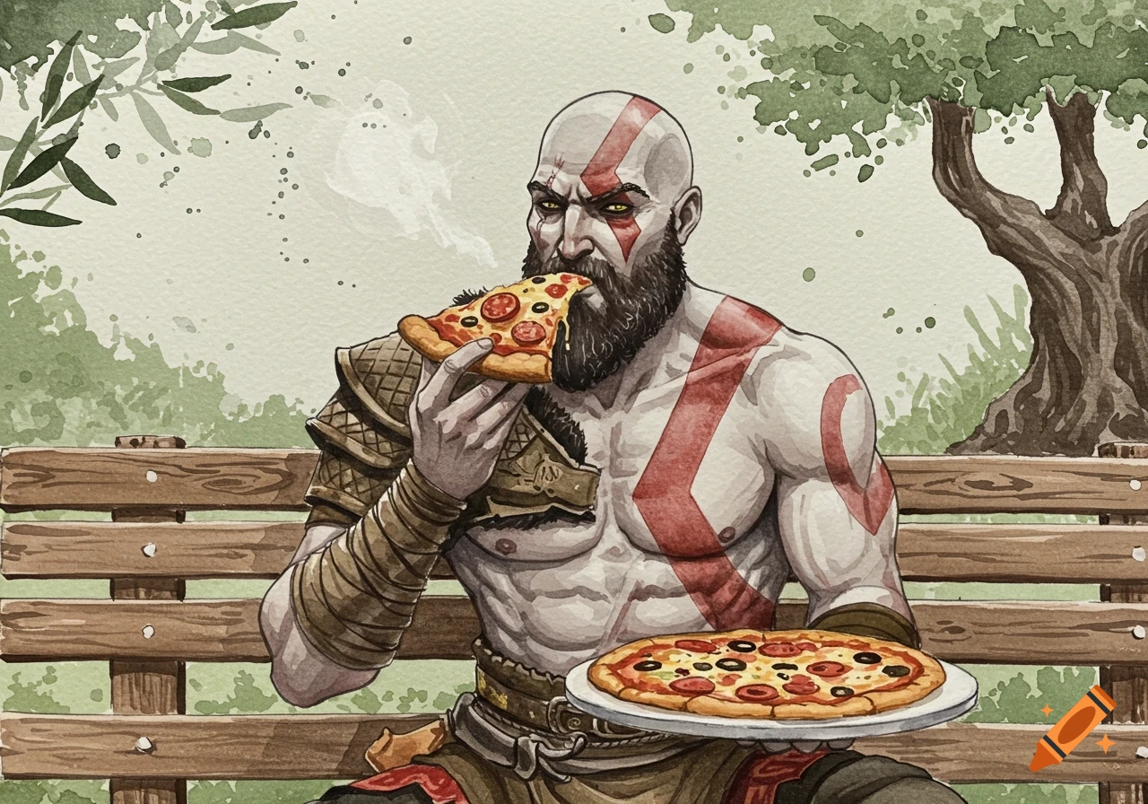 Watercolor art of Kratos from God of War sitting on a wooden bench, eating a slice of pizza. A full pizza rests on a plate beside him.