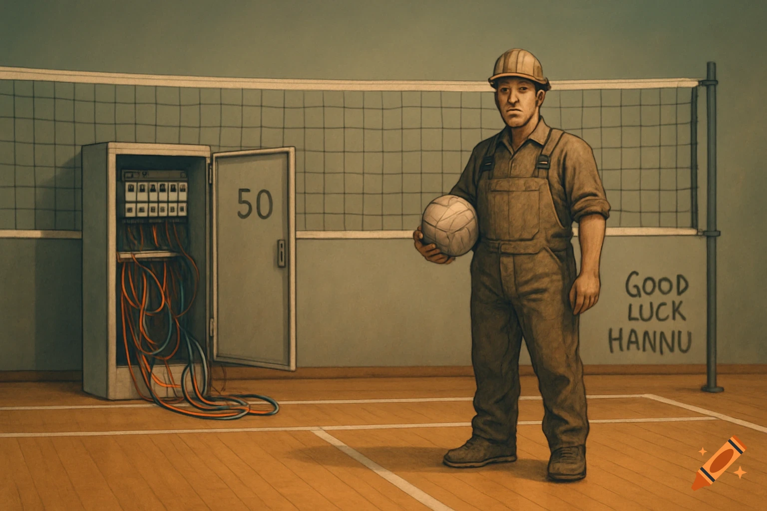 An illustration of a man in electrician's overalls and a hard hat standing on a volleyball court, holding a volleyball. An open electrical cabinet with wires is on the left, and the text "Good luck Hannu" is on the wall.