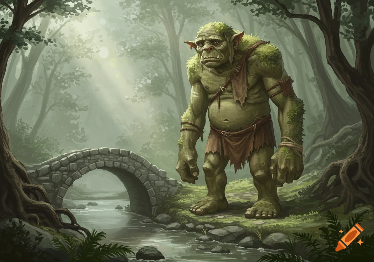 A gruff, moss-covered troll stands beside a stream and stone bridge in a misty forest, in a digital painting style.