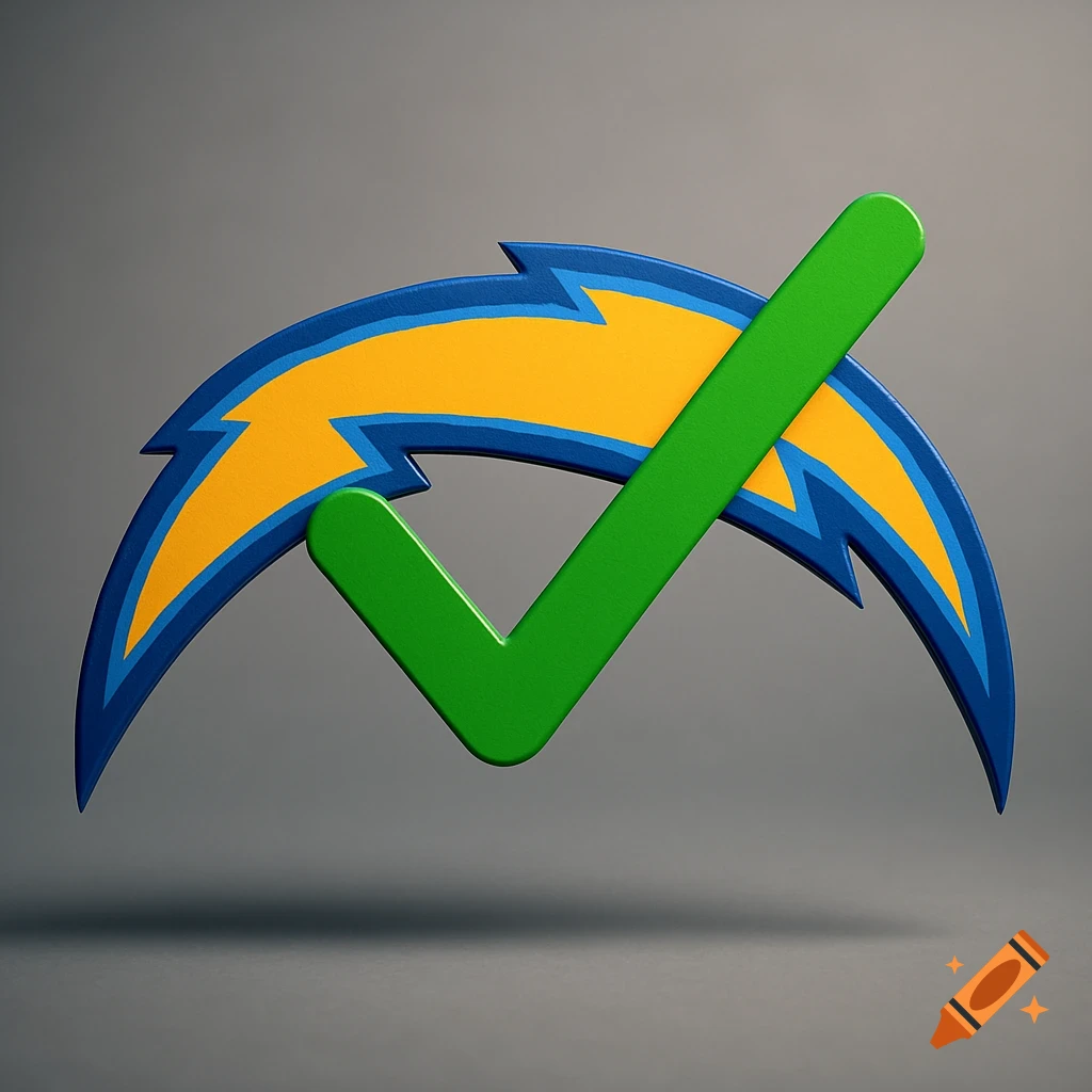 A 3D render of the LA Chargers lightning bolt logo with a green checkmark crossing through it, on a grey background.