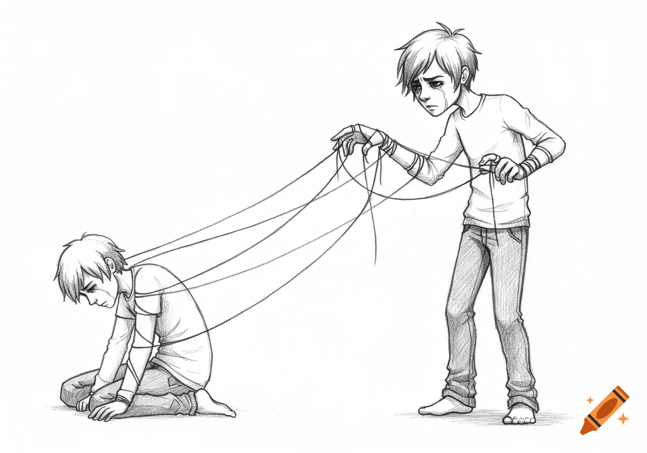Pencil drawing of one person controlling another with strings, both appearing sad and frustrated.