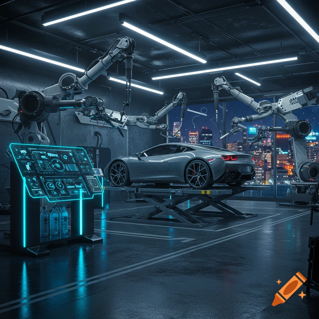 A sleek silver sports car on a lift in a futuristic, neon-lit garage with robotic arms and a city skyline at night.