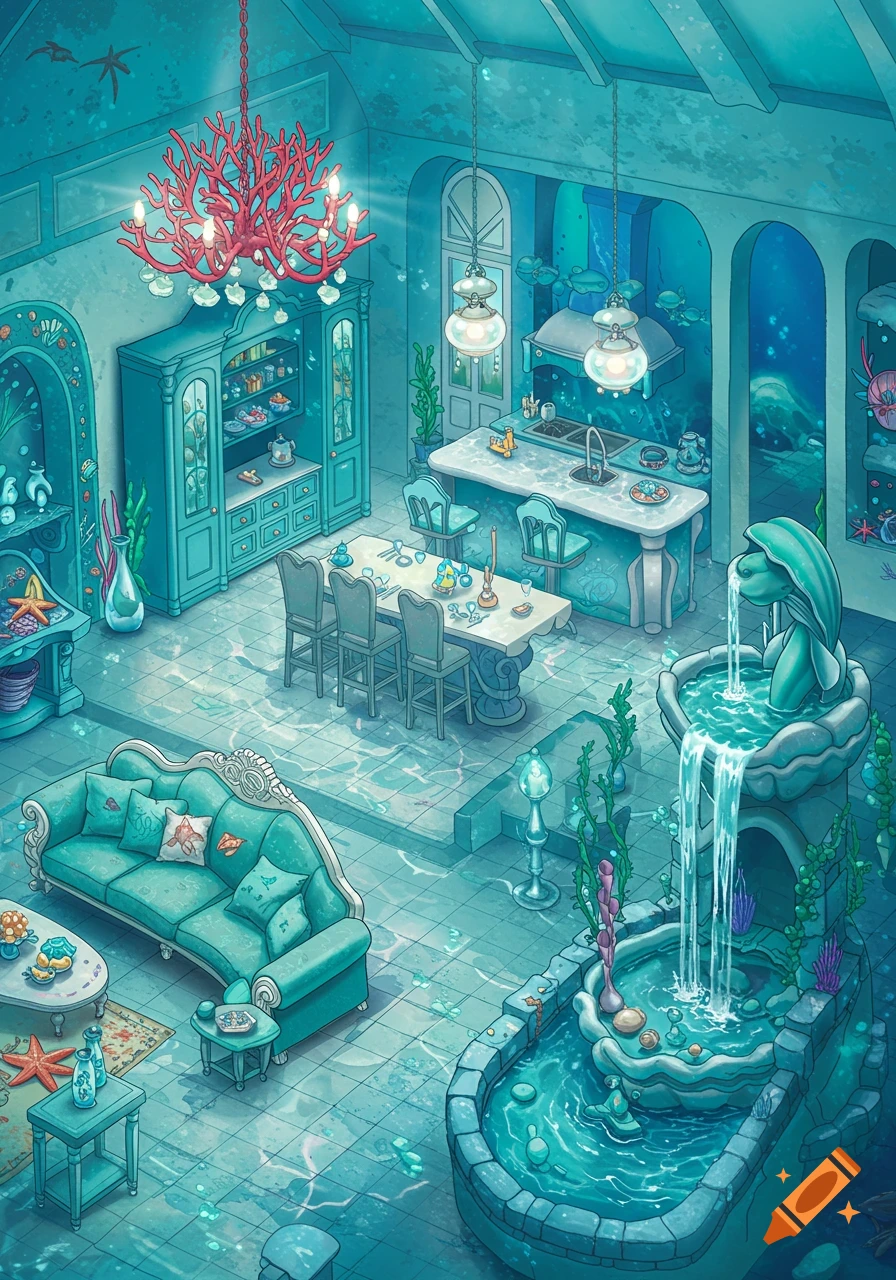 Stylized illustration of an Ariel-themed underwater home interior with teal furniture, a coral chandelier, and a mermaid fountain.