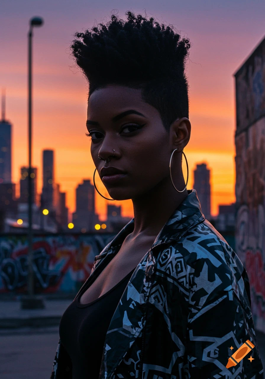 Photorealistic portrait of a woman with a hi-top fade haircut and hoop earrings, wearing a patterned jacket, against a city skyline at sunset.