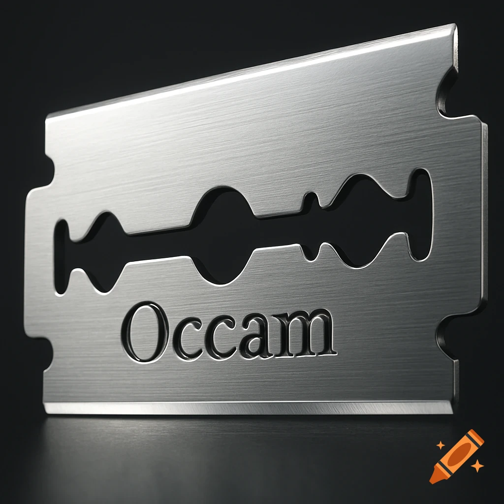 Hyperrealistic silver razor blade with 'Occam' engraved on its surface, on a dark background.
