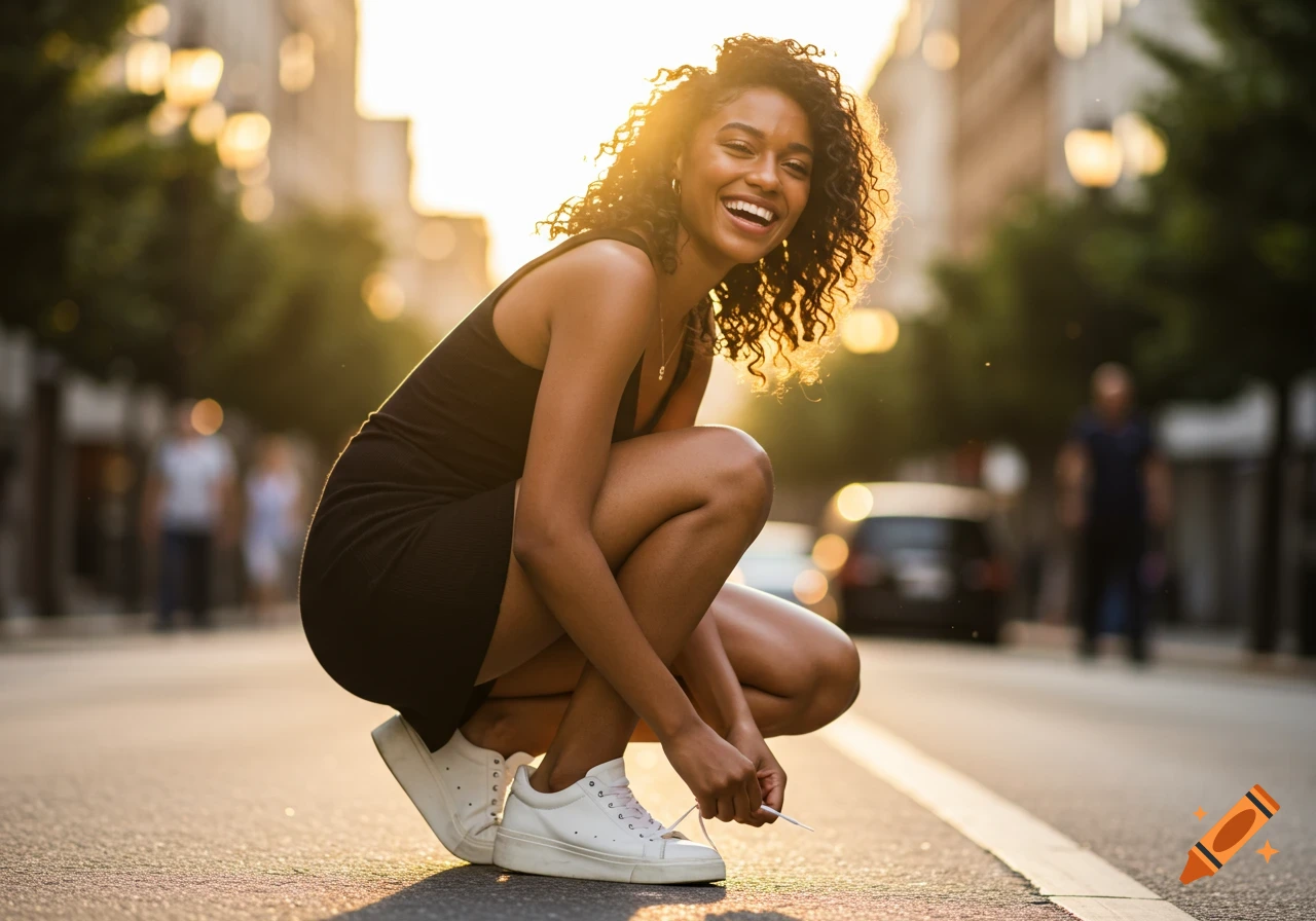 A smiling young woman in a black dress and white sneakers crouches on a city street to tie her shoelaces at sunset.