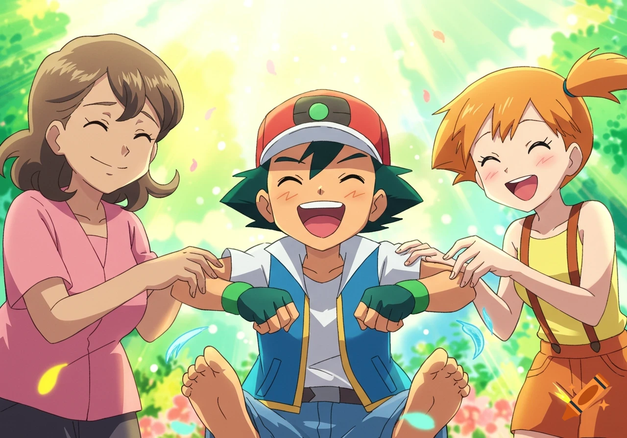Ash Ketchum laughs joyfully while being tickled by his mother and Misty outdoors in a bright anime style.