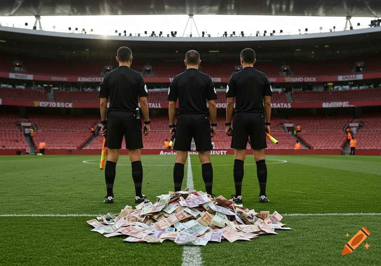 Three soccer referees stand with their backs to the camera, facing an empty stadium. A large pile of money is on the grass in front of them.