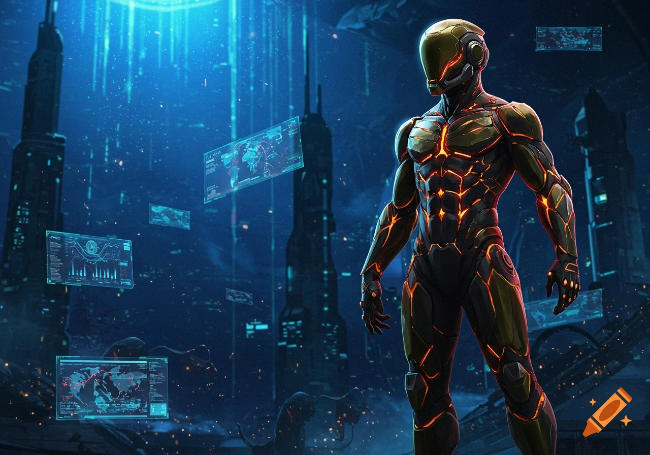 A stylized futuristic armored soldier stands in a neon-lit cyber city with floating holographic data screens.
