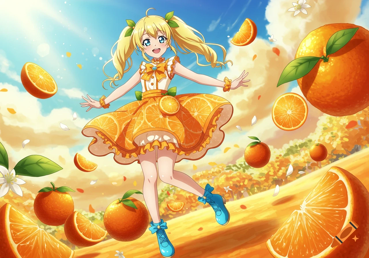 A cheerful anime girl with blonde pigtails, blue eyes, an orange-themed dress, and blue shoes, surrounded by floating oranges under a bright sky.