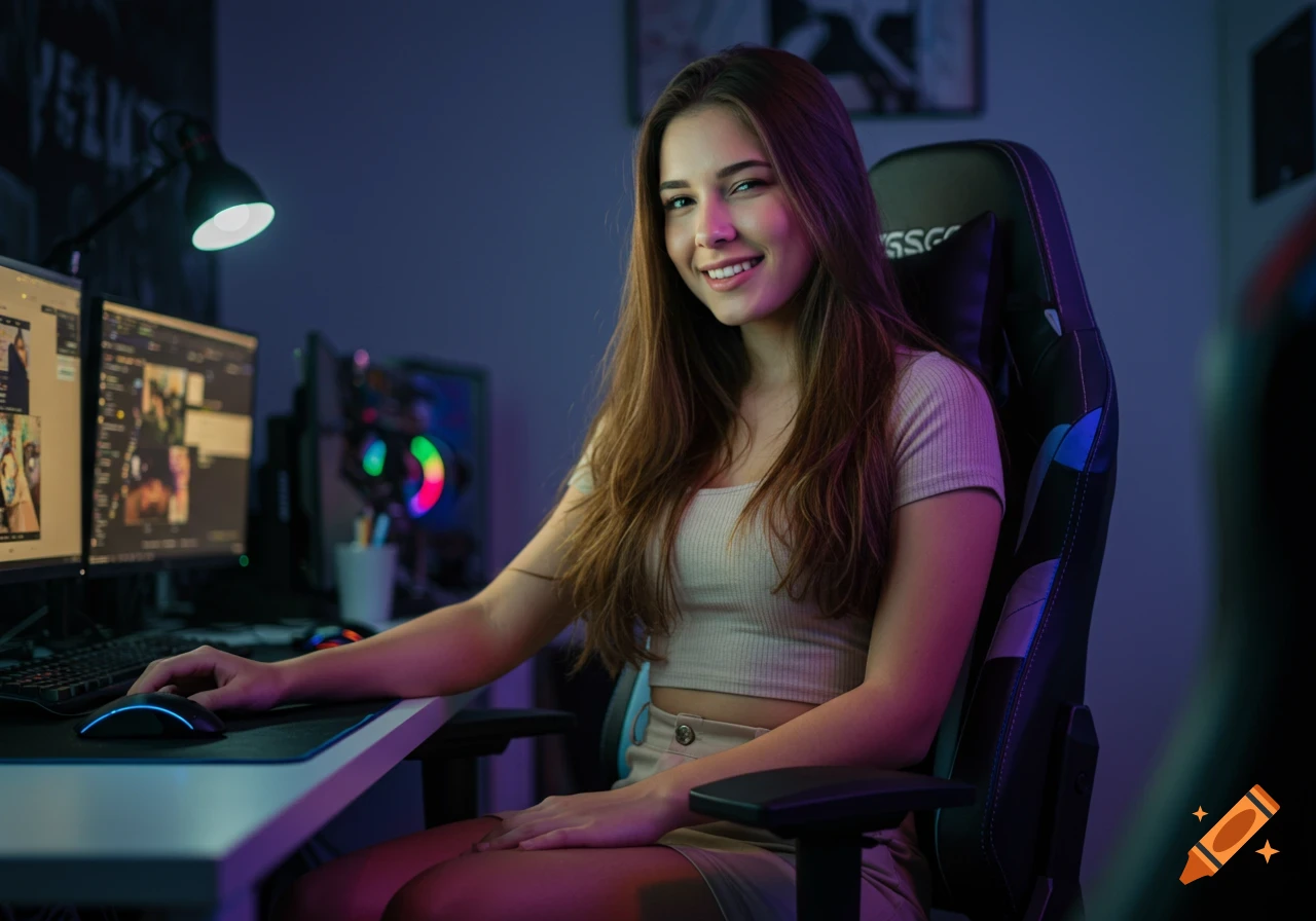 A smiling young woman with long brown hair, sitting in a gaming chair at an RGB-lit desk, holding a mouse. Photorealistic.