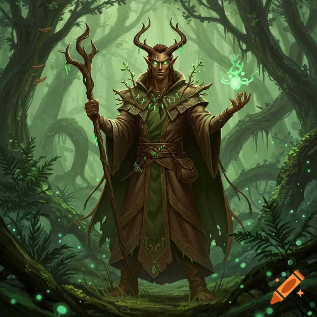 A male elf druid with horns and glowing green eyes stands in a lush, mystical forest, holding a staff and casting a spell. Digital art.