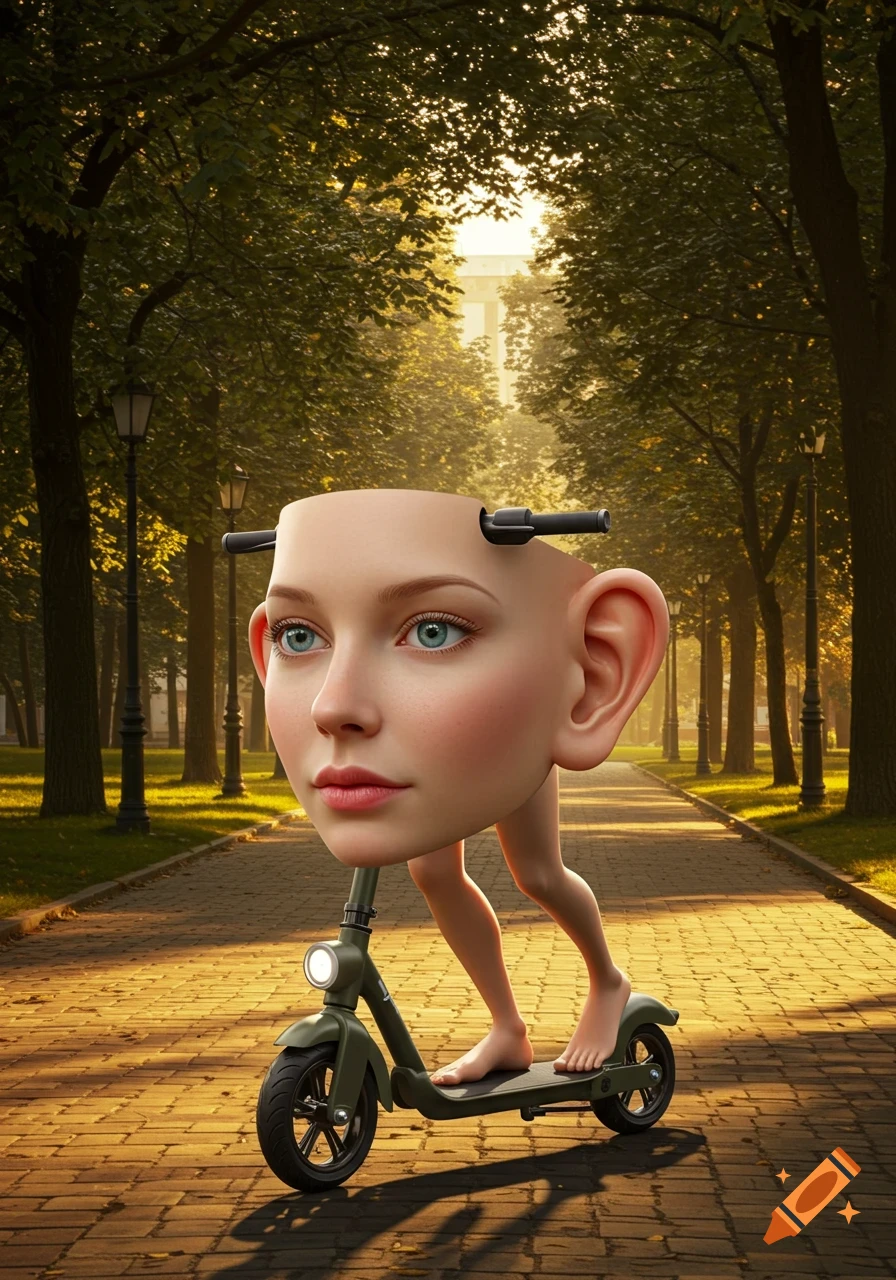 A surreal creature with a large human face and ears for handlebars, and bare human legs, rides a green scooter down a sunlit park path.