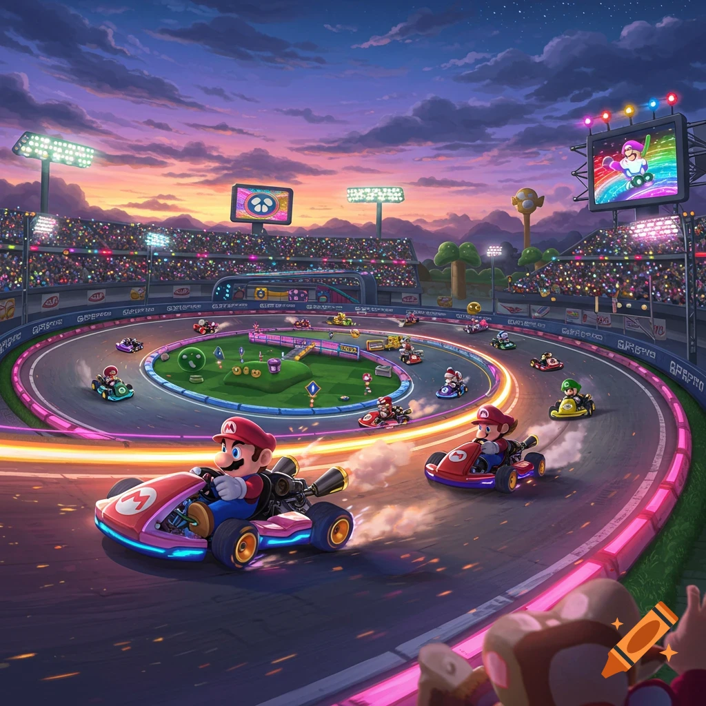 Mario, Luigi, and other characters race karts on a vibrant track inside a large stadium at sunset.