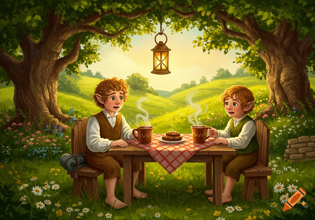 Whimsical illustration of two hobbit-like figures enjoying mugs and pastries at a picnic table under a tree in a sunny, green field.
