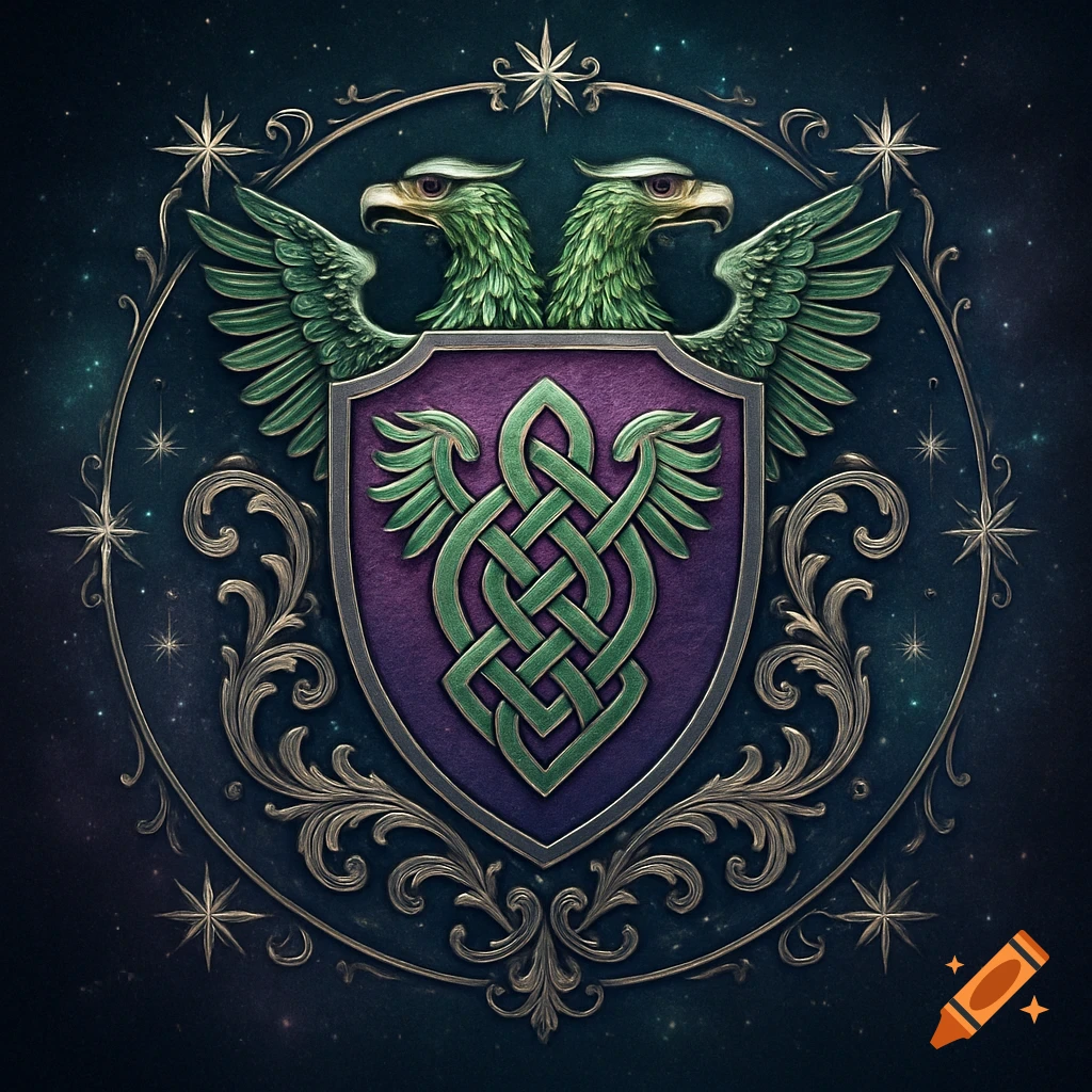 An ornate purple and green heraldic crest featuring two griffin heads, a Celtic knot shield, and a golden border on a starry background.