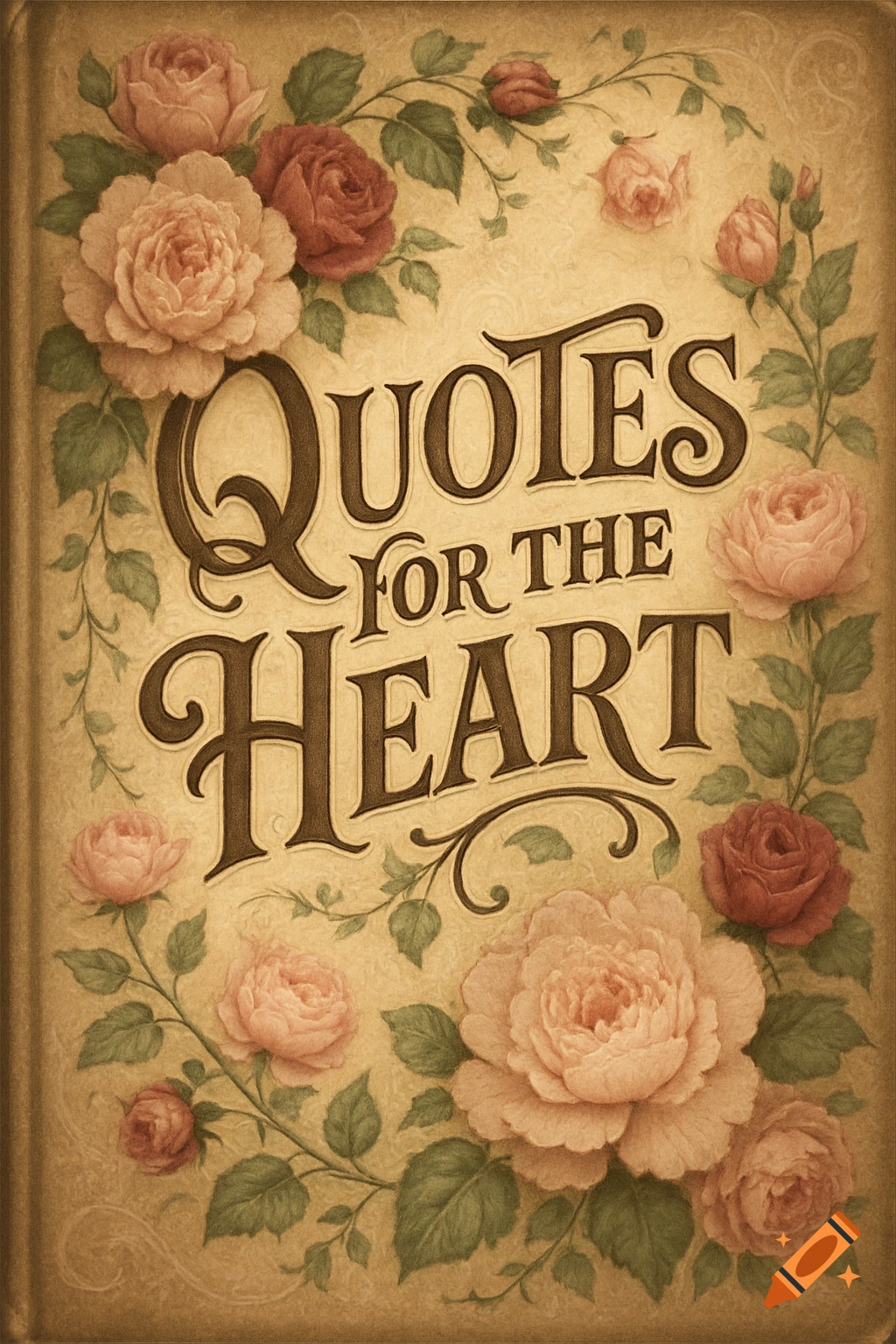 Vintage book cover with pink and red roses framing the title 'Quotes for the Heart' on a textured, aged background.
