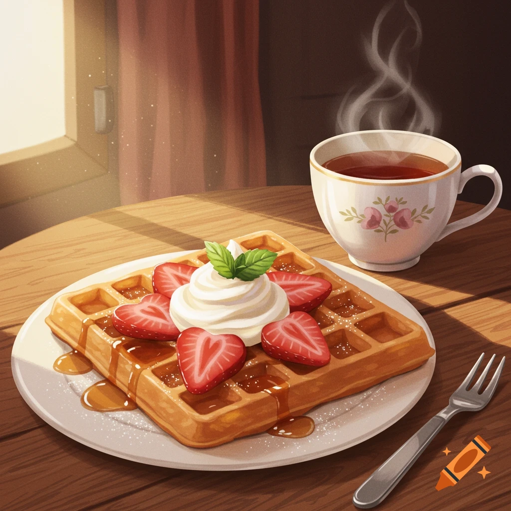 Stylized illustration of a waffle with strawberries, whipped cream, and syrup, next to a steaming teacup on a sunny wooden table.