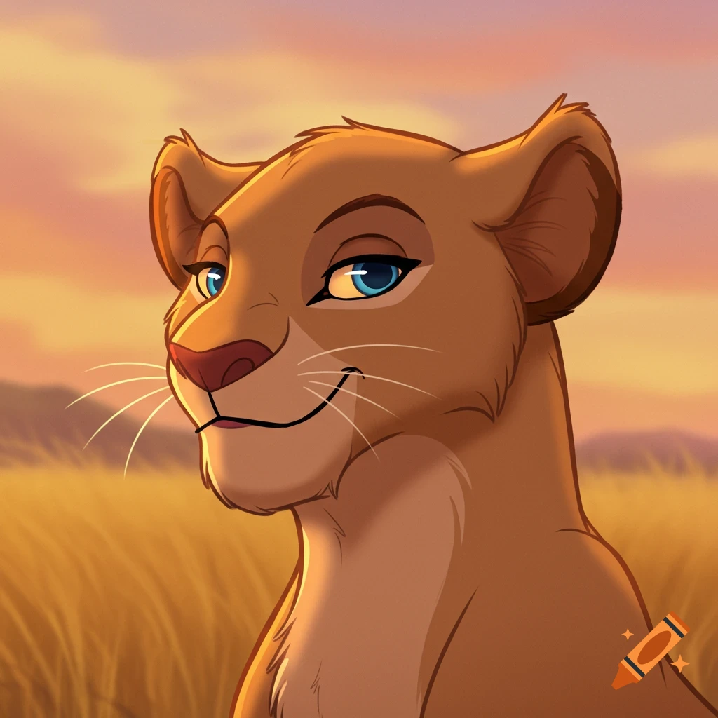 A headshot of an animated brown lioness with blue eyes and a subtle smirk, set against a golden savanna sunset.