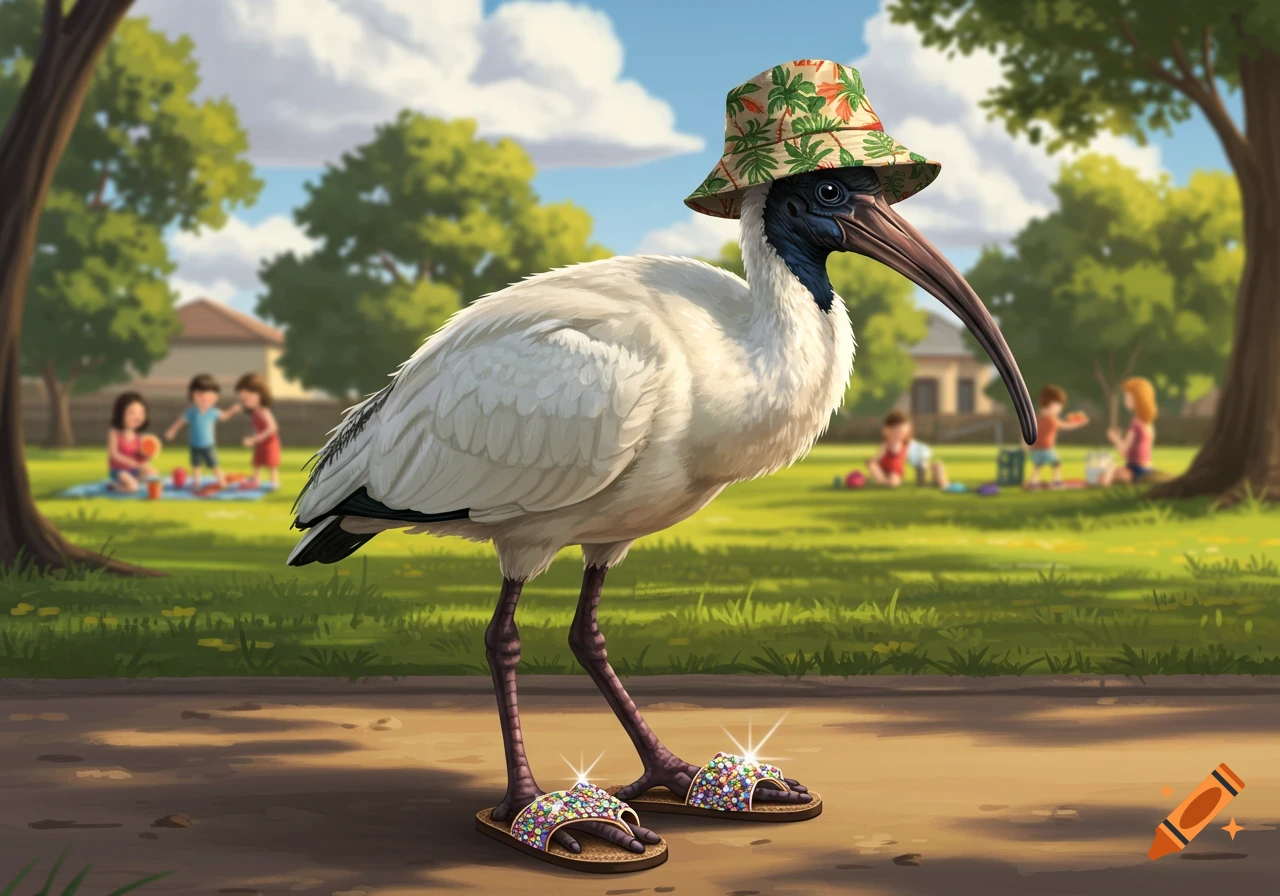 An ibis bird wearing a floral bucket hat and sparkly sandals walks on a path in a park with children playing in the blurry background.