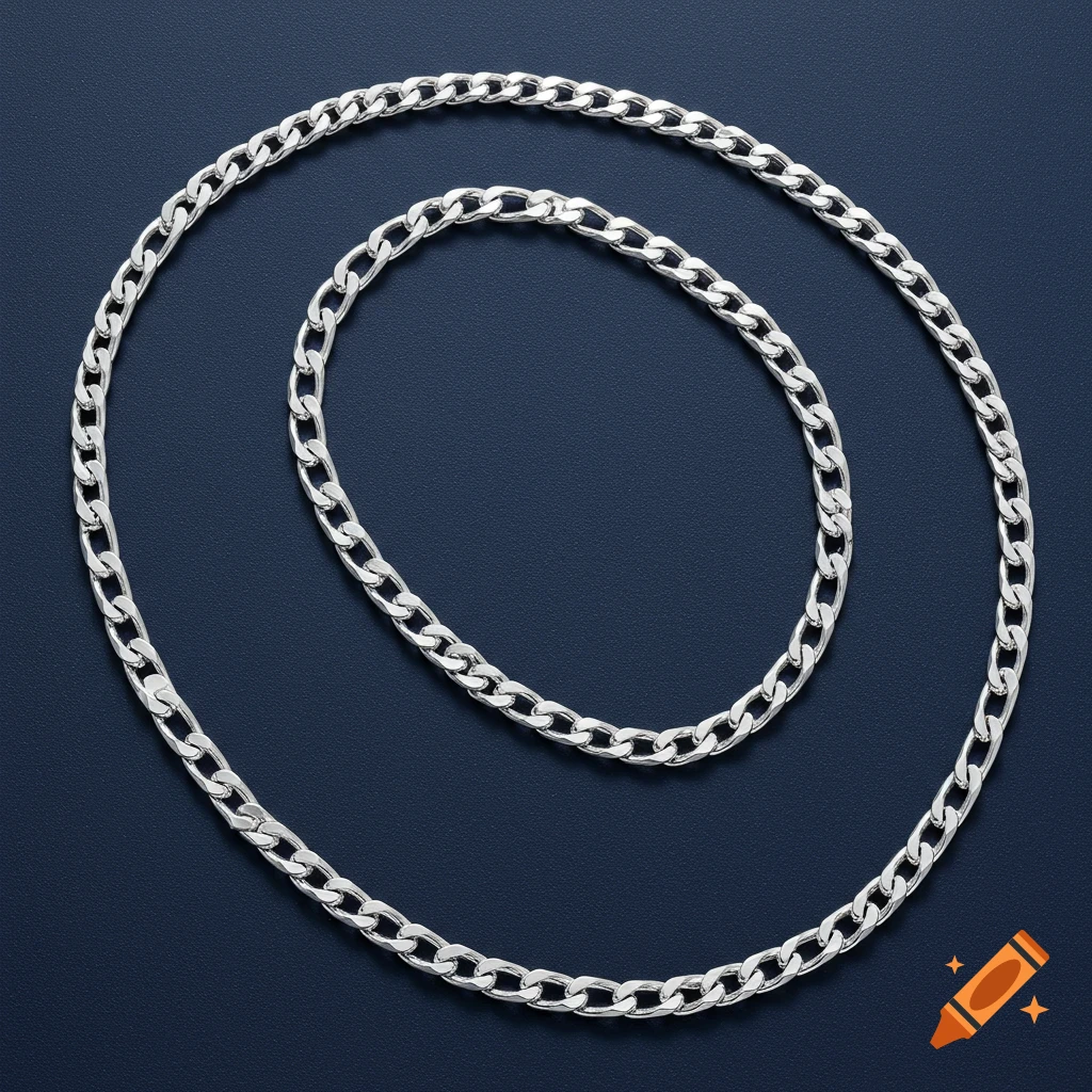A silver curb chain necklace coiled on a dark blue background.